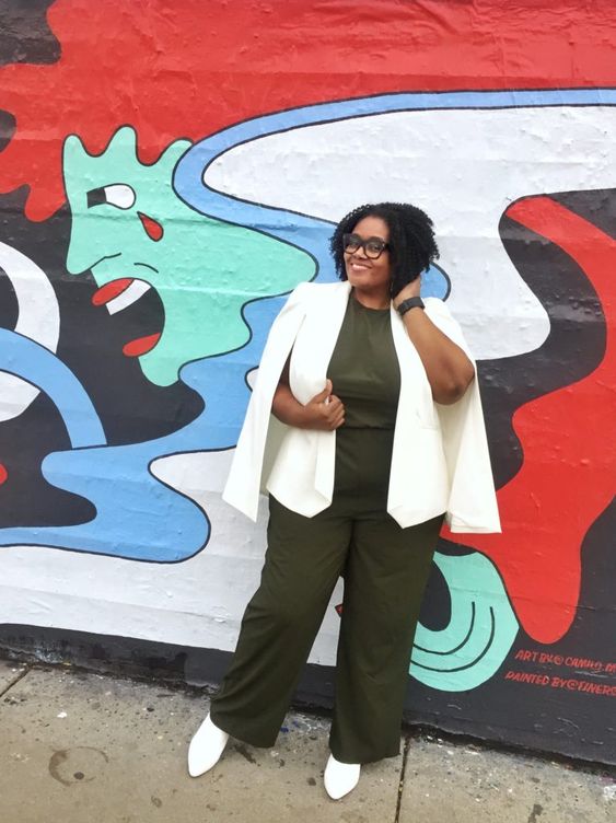 an olive green jumpsuit, a creamy jacket and shoes for a stylish plus size work look
