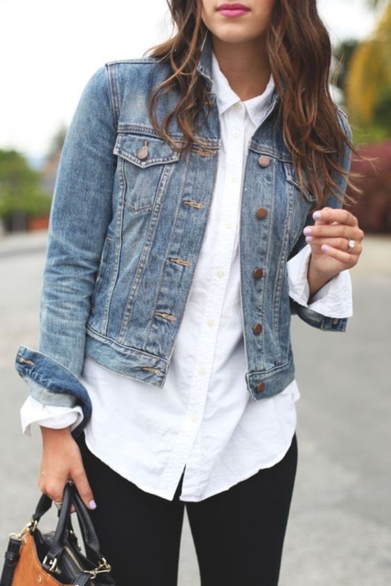 black jeans, a white shirt, a blue cropped denim jacket for a comfy and casual spring look