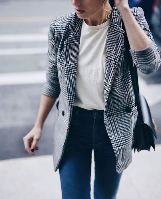 blue skinnies, a white tee and a plaid blazer for a stylish casual work look