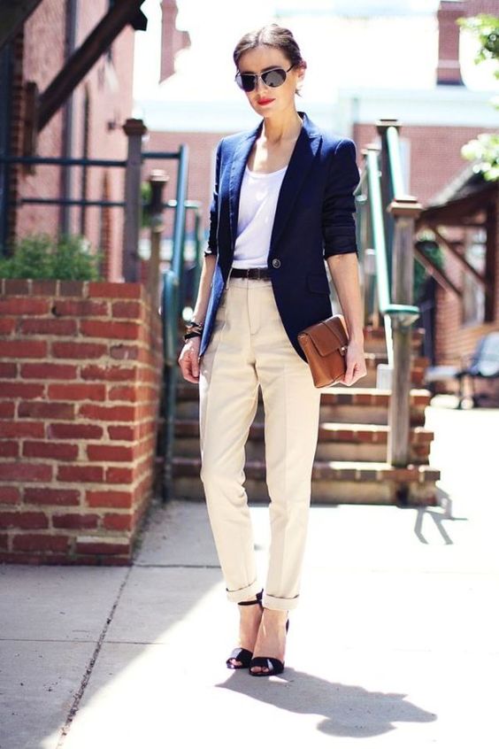 Picture Of ivory pants, a white tee, a navy jacket and black shoes for