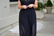 11 a gorgeous black jumpsuit with a cutout bodice on thick straps and a sheer shirtdress over it for a more modest look