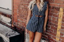 13 a printed lace up and cutout black and white romper plus nude shoes