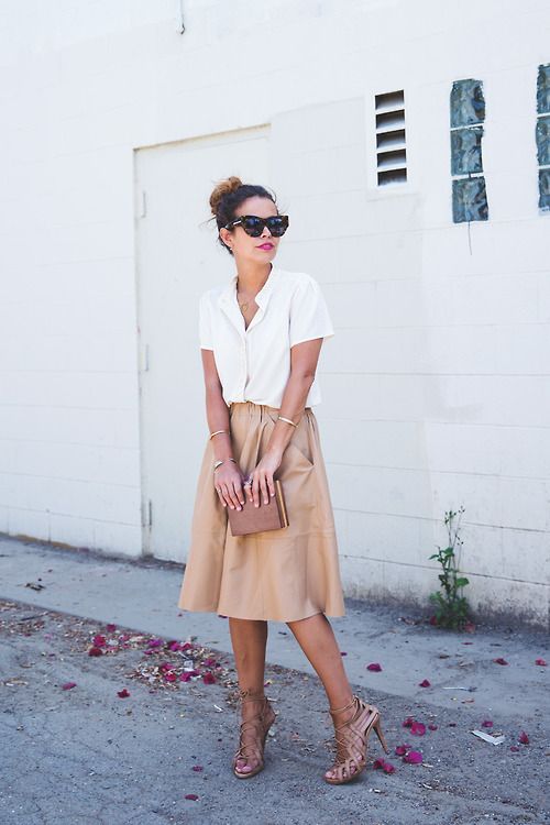 a white button down, a tan midi skirt, brown strappy heels and a brown clutch for a date