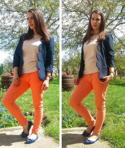 With beige shirt, orange trousers and flats