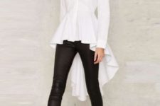With black leggings and lace up heeled boots