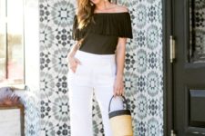 With black off the shoulder top, white wide leg pants and heels