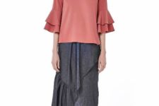 With gray wrap midi skirt and flat shoes