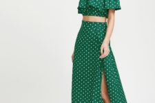 With green maxi skirt and black high heels
