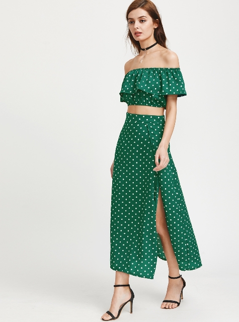 With green maxi skirt and black high heels