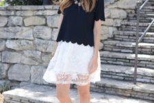 With lace skirt and black sandals