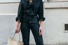 With loose shirt, crop jeans and flat sandals