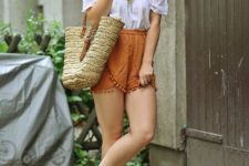 With off the shoulder blouse, orange lace up flats and straw tote