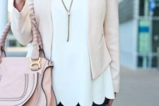 With pale pink blazer, jeans and pale pink bag