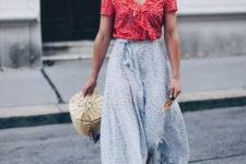 With printed blouse, printed maxi skirt and beige shoes