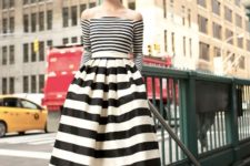 With striped midi skirt and black mules