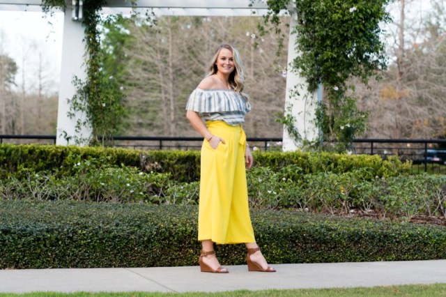 With striped off the shoulder top and brown sandals
