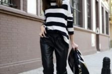 With striped shirt, black bag and high heels