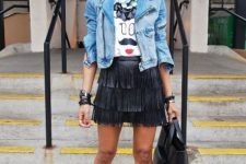 With t-shirt, denim jacket, high heels and tote