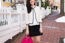 With white shirt, black mini skirt, black shoes and red bag