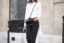 With white shirt, crop trousers and crossbody mini bag