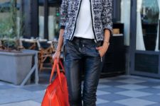 With white shirt, jacket, red bag and lace up shoes