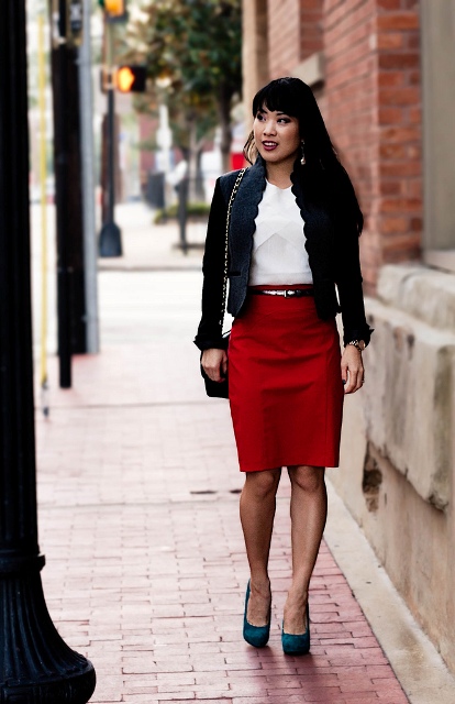 With white shirt, red pencil skirt, bag and pumps