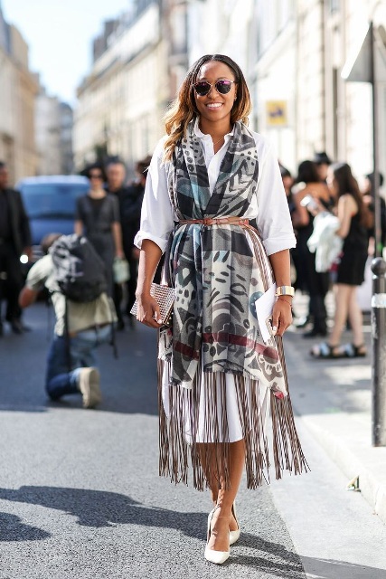 With white shirtdress, scarf, clutch and white pumps