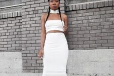 With white top and pencil midi skirt