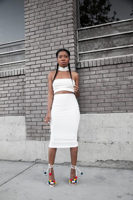 With white top and pencil midi skirt