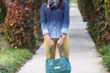 With yellow pants, yellow platform sandals, printed scarf and teal bag