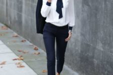 06 a navy suit with cropped pants, a white shirt, a navy bow, black heels for an office look