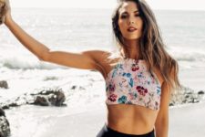 09 a black high waisted bottom and a floral halter top is a chic and modenr idea