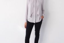10 a grey blouse with catchy detailing, black cropped pants and nude shoes for a career girl look