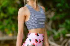 13 a striped halter thich strap top and a ghih waisted floral bottom for a bold look