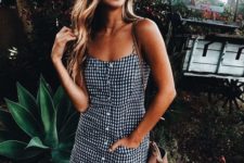 15 a short gingham button down dress, a tan bag for a simple yet sexy look