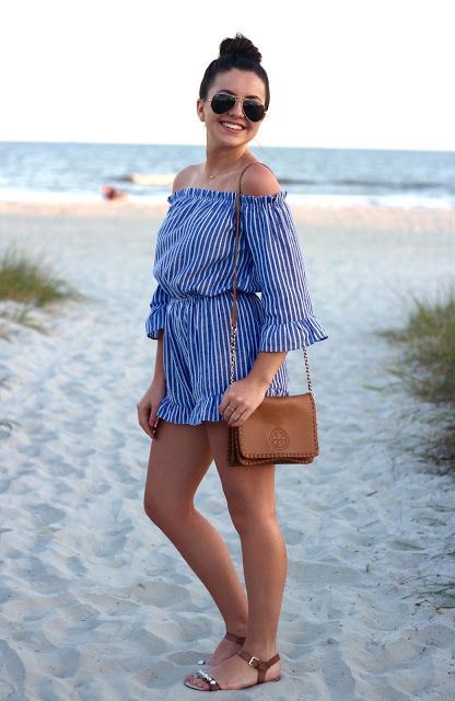 an off the shoulder blue striped romper with ruffles is a cute and girlish idea