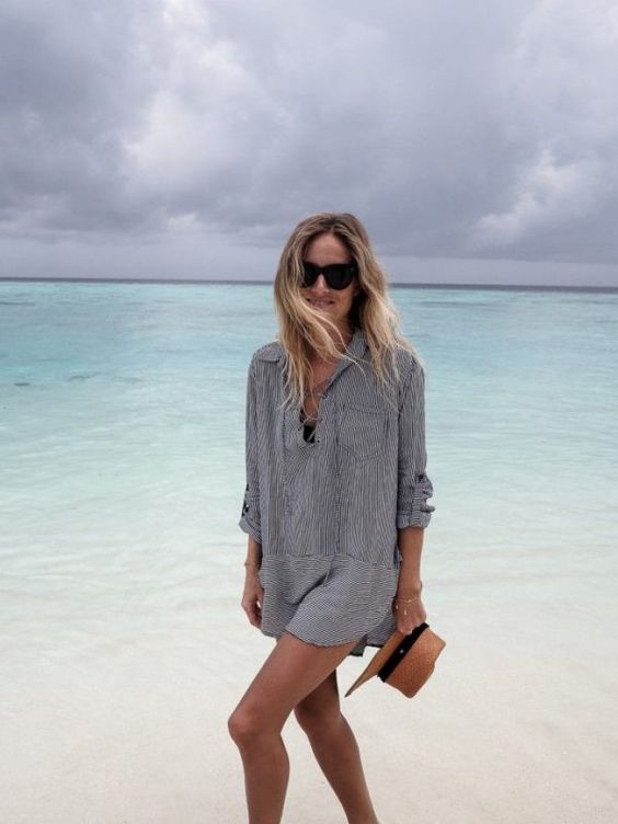 a striped grey shirtdress tunic with lacing is very comfy to wear on the beach