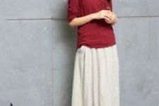 With beige maxi skirt and white sneakers