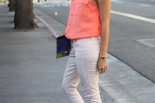 With blouse, crop pants and clutch
