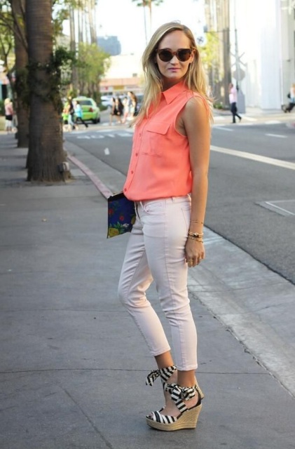 With blouse, crop pants and clutch