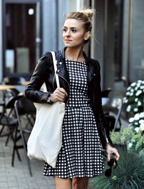 With checked dress and black leather jacket