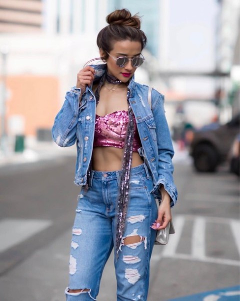 With denim jacket, distressed jeans, scarf and white bag
