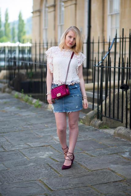 With denim mini skirt, marsala bag and lace up shoes