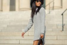 With gray hat, light gray dress and cutout shoes