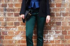 With green pants, black blazer, black bag and ankle strap shoes