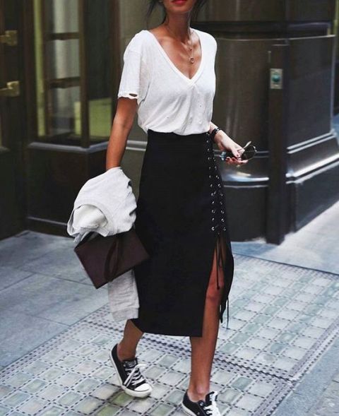 With lace up skirt, sneakers and bag