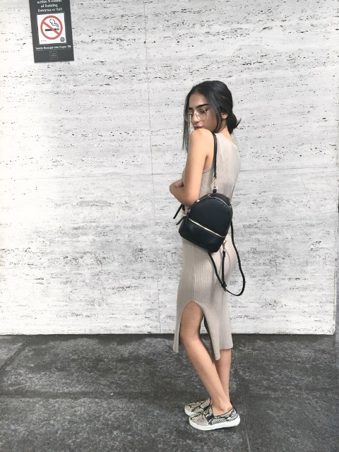 With light gray midi dress and printed slip on shoes