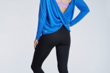 With lilac top and black leggings
