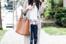 With long cardigan, jeans, lace up flats and brown tote
