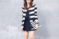 With mini skirt, shirt, striped long jacket, black hat and striped clutch